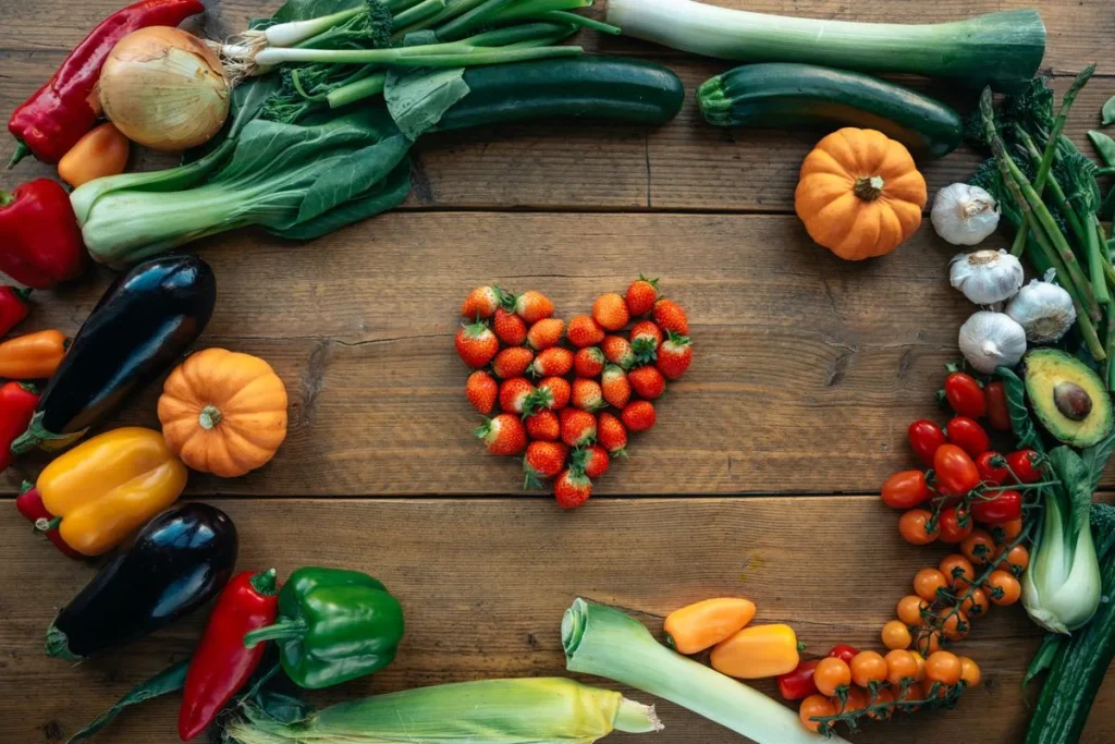 Frutas y verduras formando un corazón sobre una mesa de madera