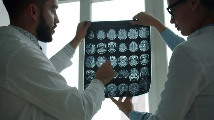 Dos médicos analizando imágenes de resonancia cerebral a contraluz